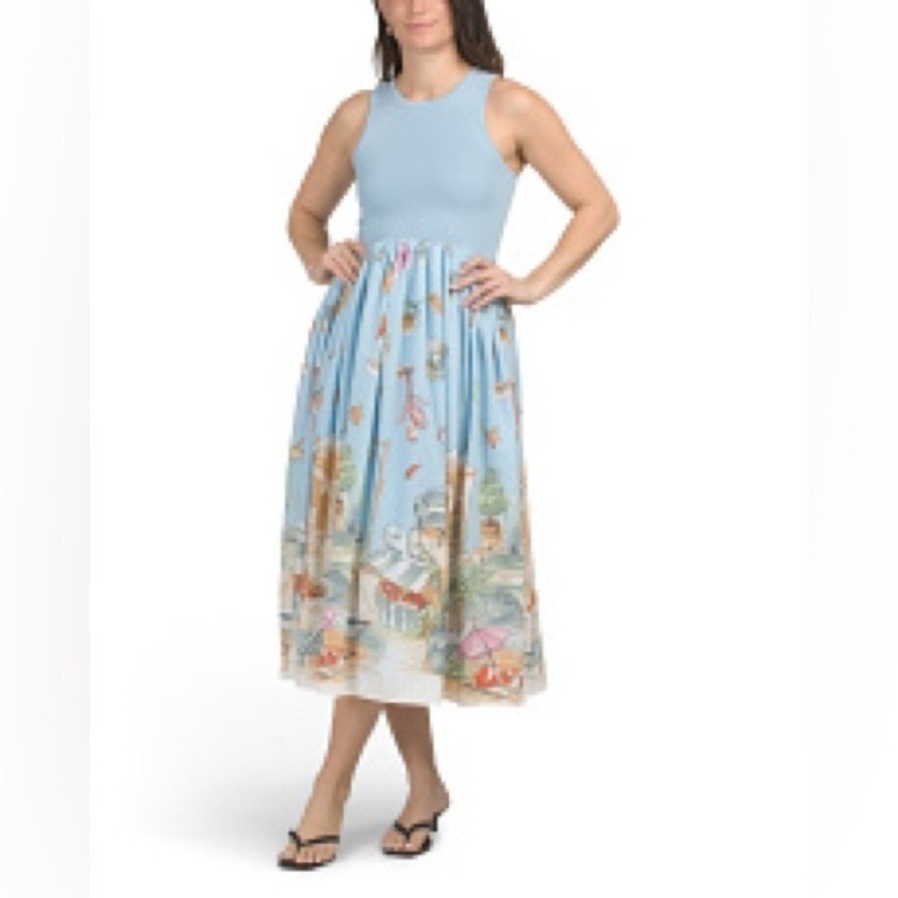 Moon River Blue Ribbed Knit Mixed Media Illustrative Print Midi Dress Womens M